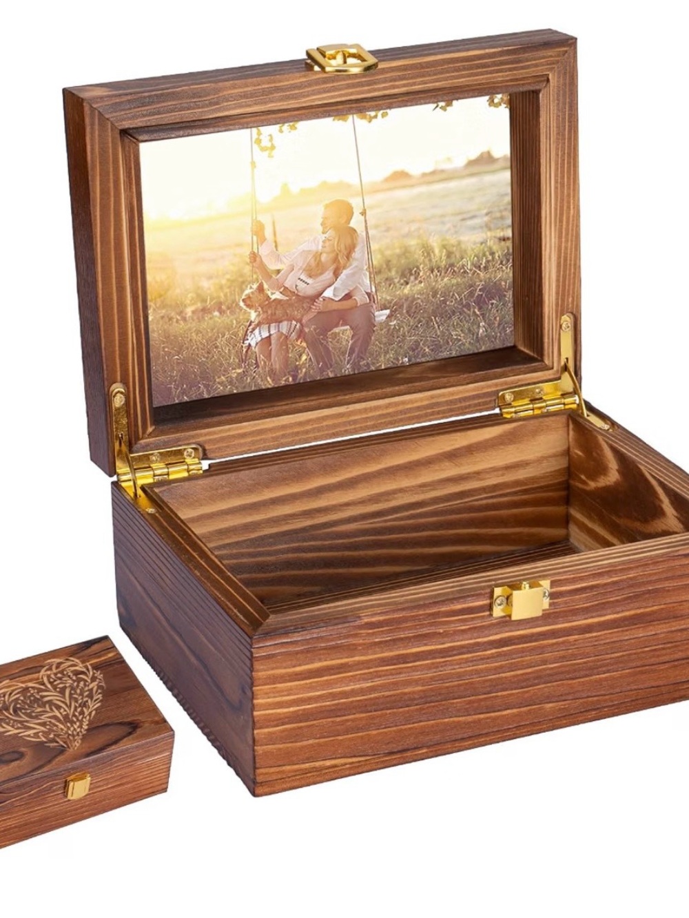 Small Wooden Memory Keepsake Boxes With Hinged Lids and a photo frame